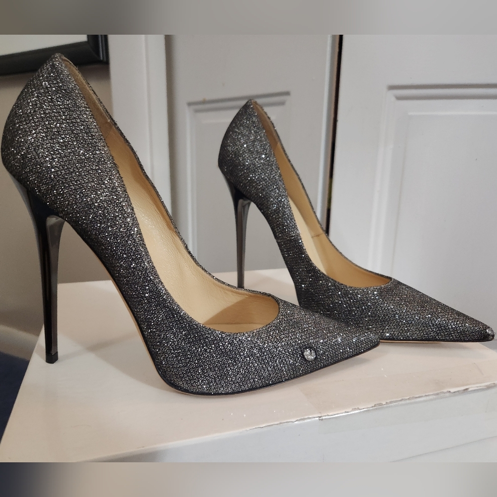 JIMMY CHOO GLITTER Dark Silver ANOUK POINTED TOE STILETTO PUMPS, 41.5 See Photos